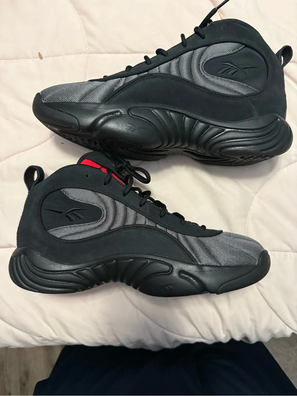 Reebok Men’s Black and Gray DMX Basketball Sneakers with Red Tongue Accent